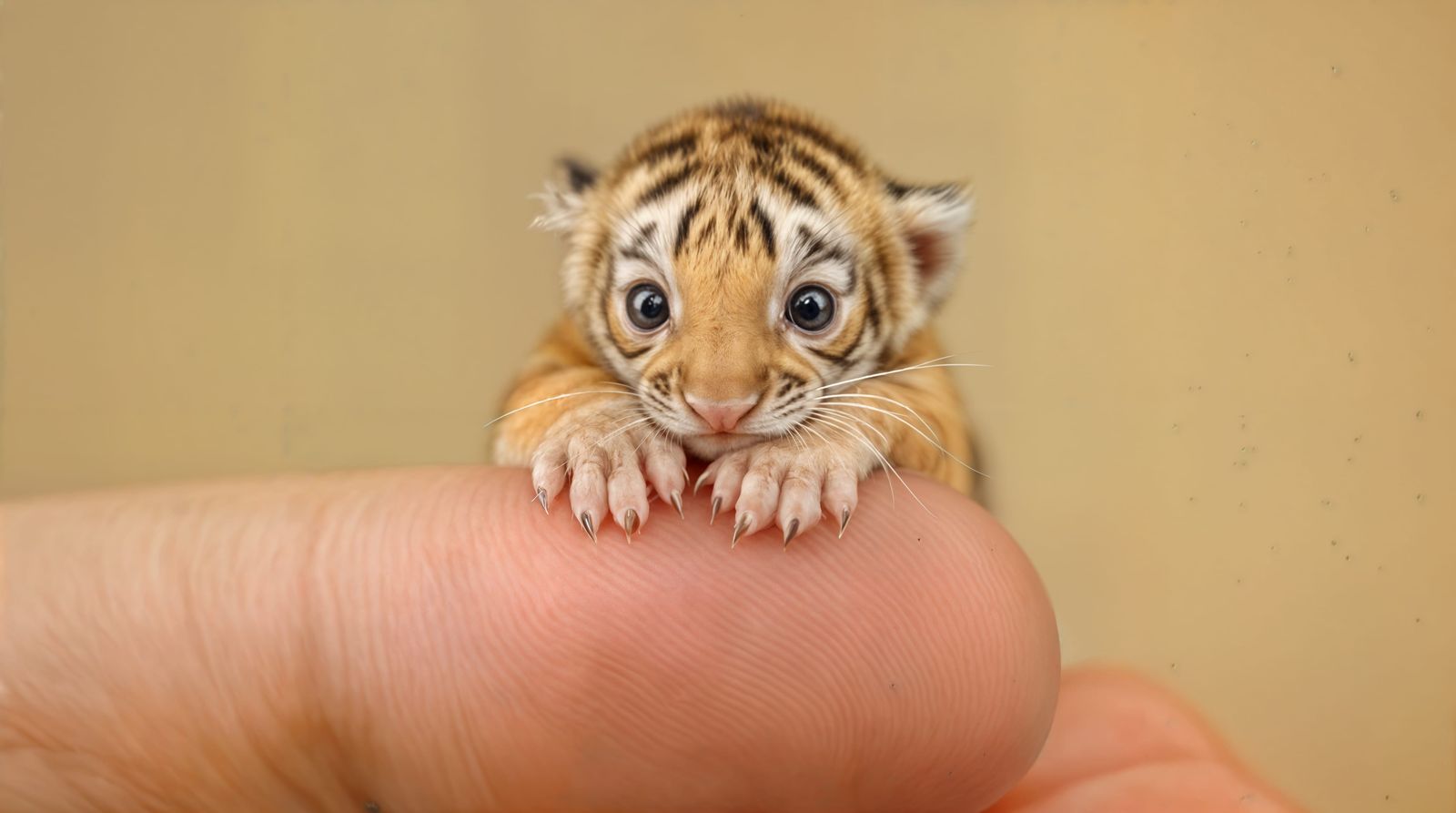 Miniature Newborn Tiger on Human Thumb in Photorealistic Mac...