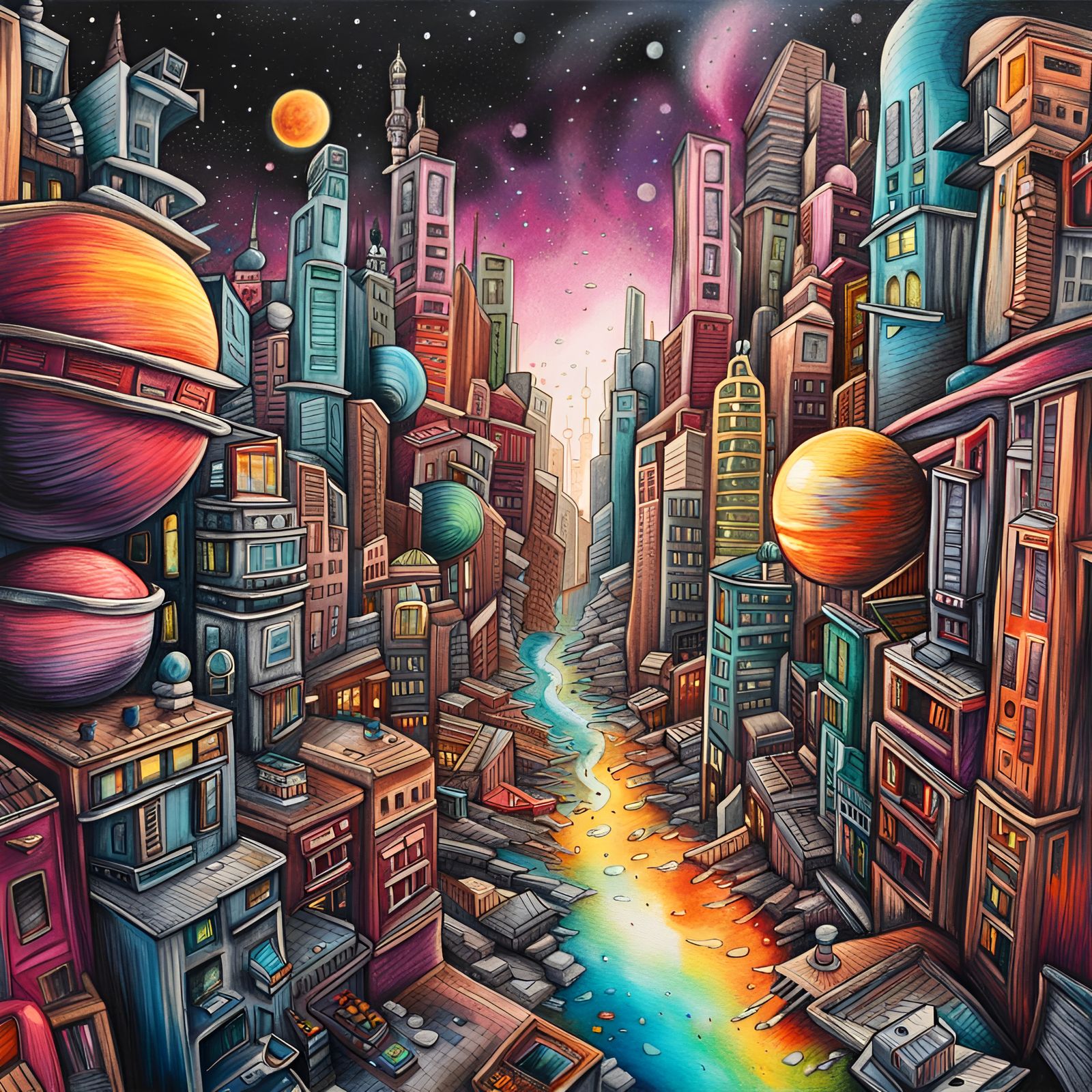 Colorful Space City in Graffiti Art Style