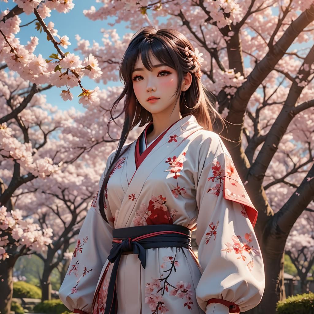 Anime Girl in Cherry Blossom Garden: 3D Art