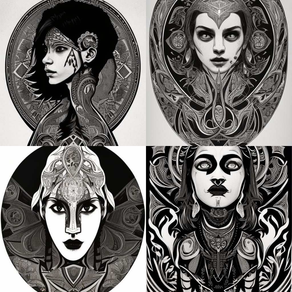 Folk Art Linocut Portrait in Black and White