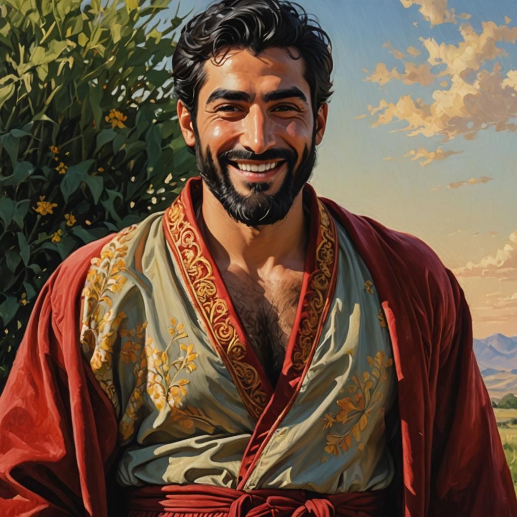 Smiling Bearded Man in Prairie Landscape as Oil Painting