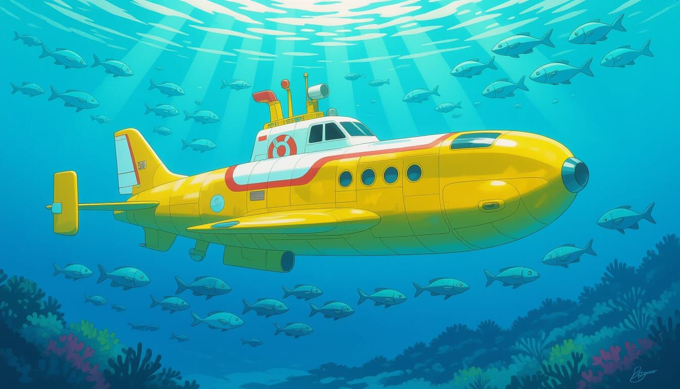 Yellow Submarine in Romantic Watercolor Style