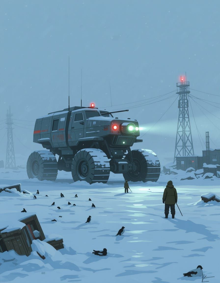 Cyber-Arctic Nuckelavee Machine in Desolate Winter Outpost