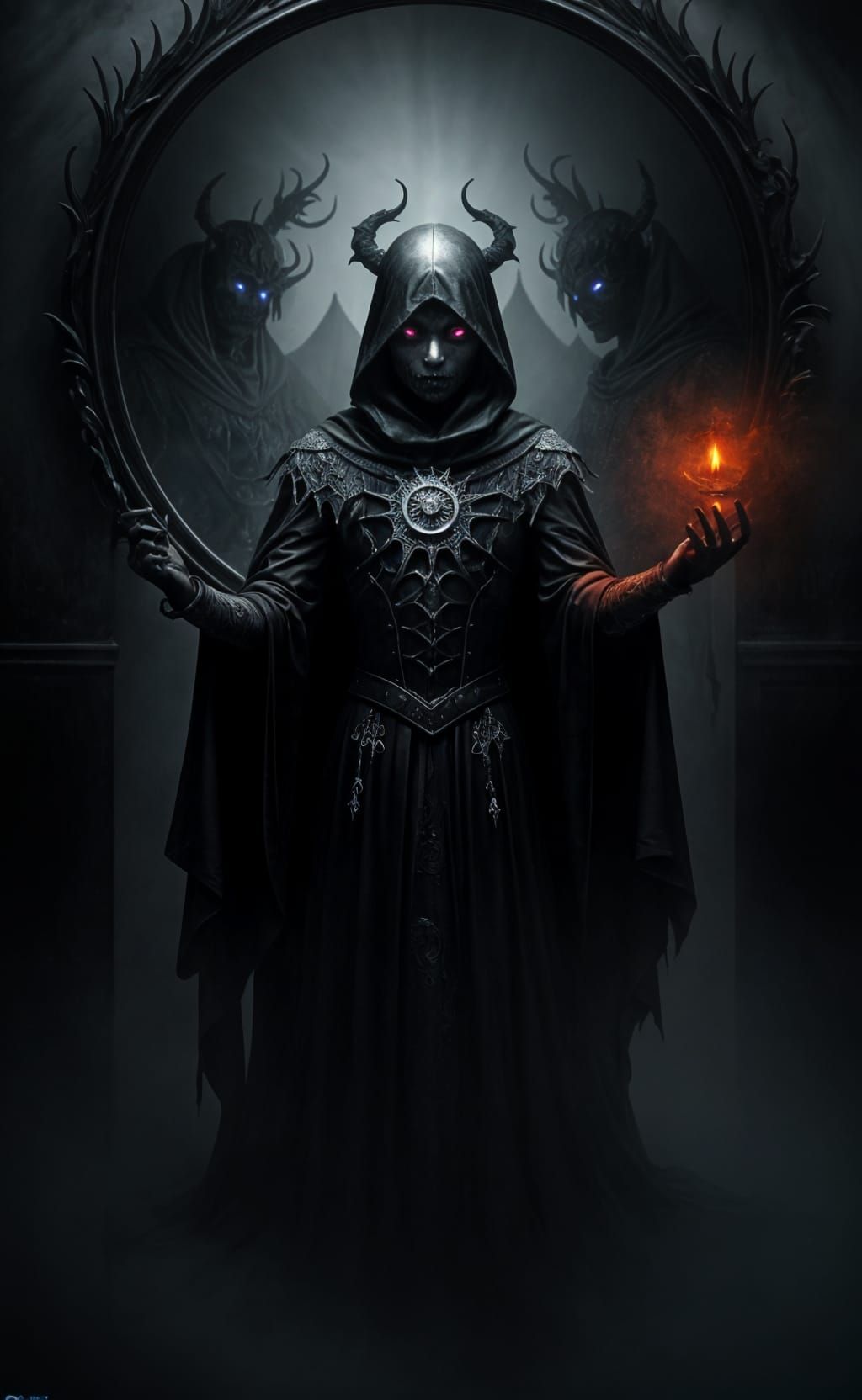 Hooded Demon Emerging from Mirror: Hyperrealistic Illustrati...