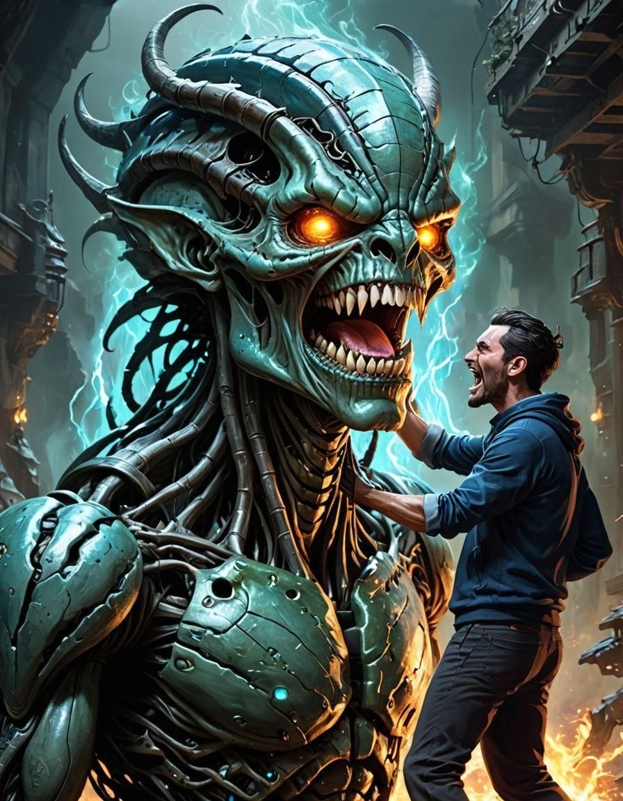 Teal and Yellow Demon Collecting a Soul