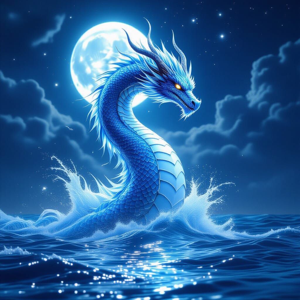 Colossal Water Dragon Rises From Moonlit Ocean