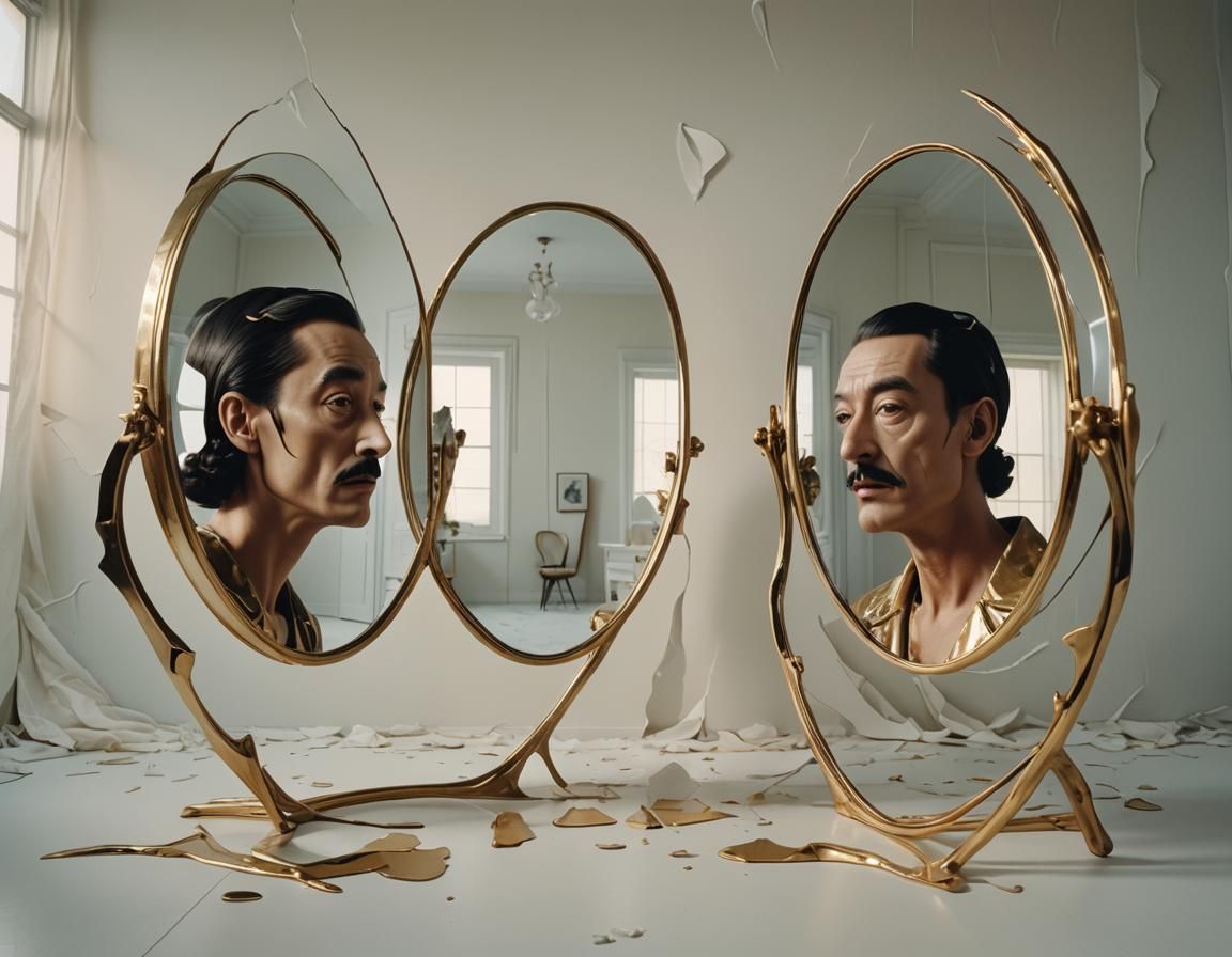 Surreal Mirrors Reflecting Love and Hate in Dreamlike Style