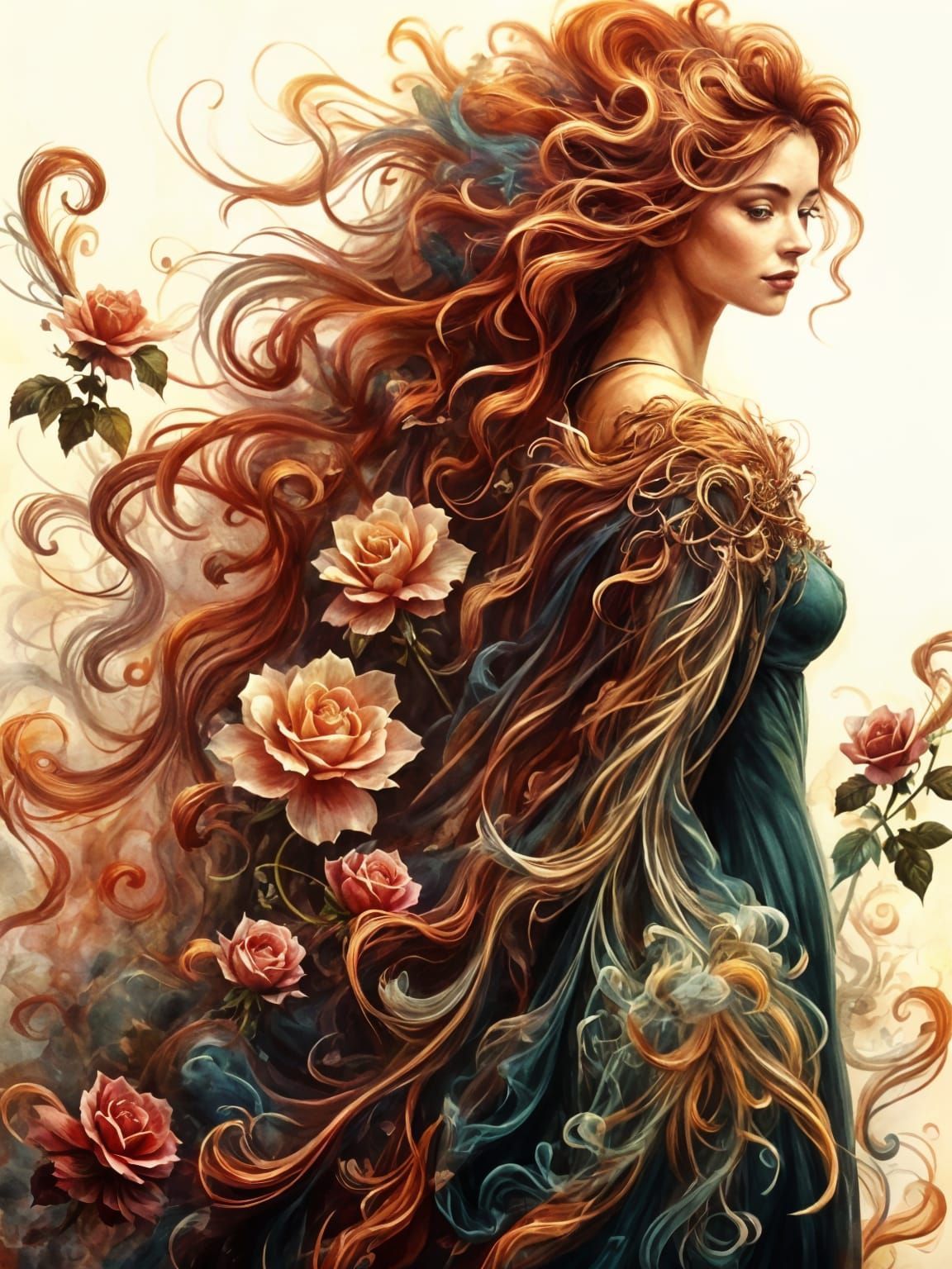 Medieval Maiden Cloaked in Roses