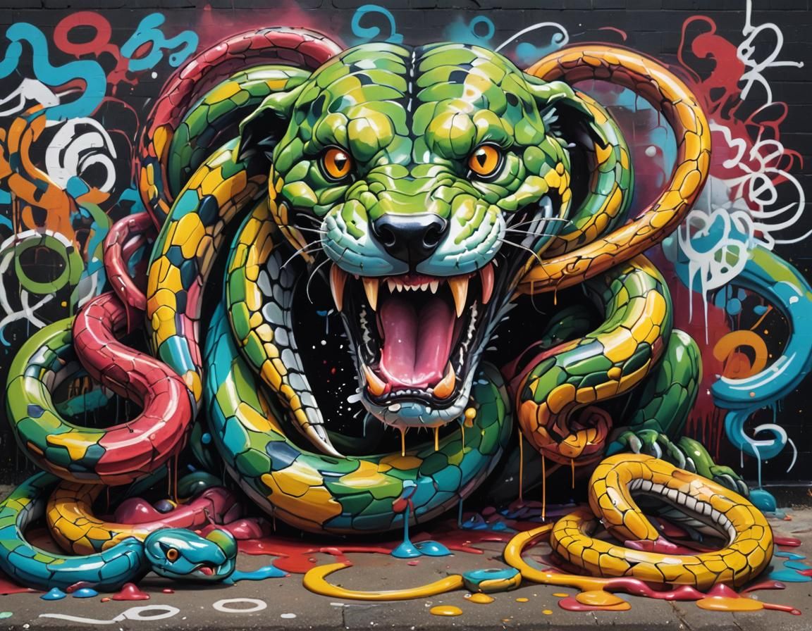 Vibrant Graffiti Art of a Snake Devouring a Dog