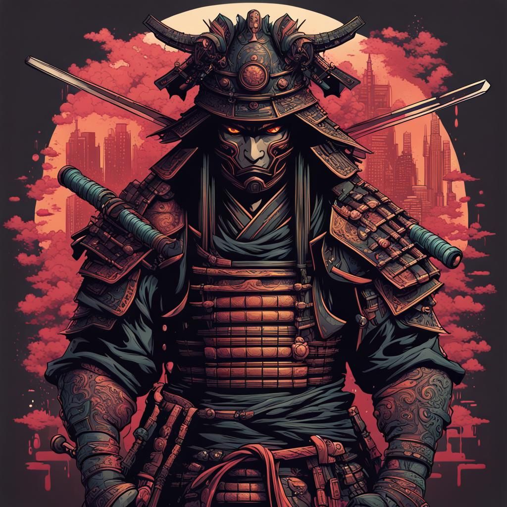 Detailed Cyberpunk Samurai Vector Art T-Shirt Design