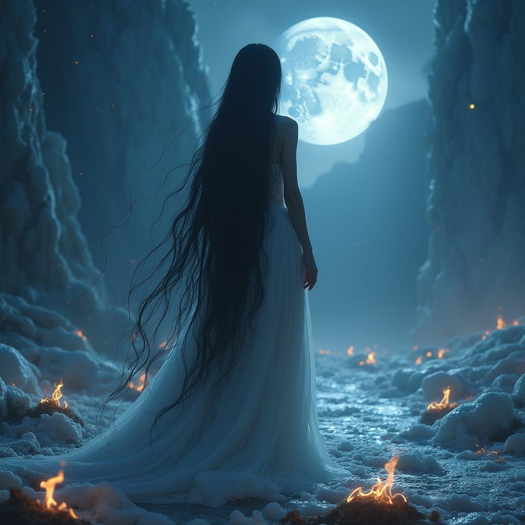 Goddess of Eternal Night Illuminated by Moon and Stars