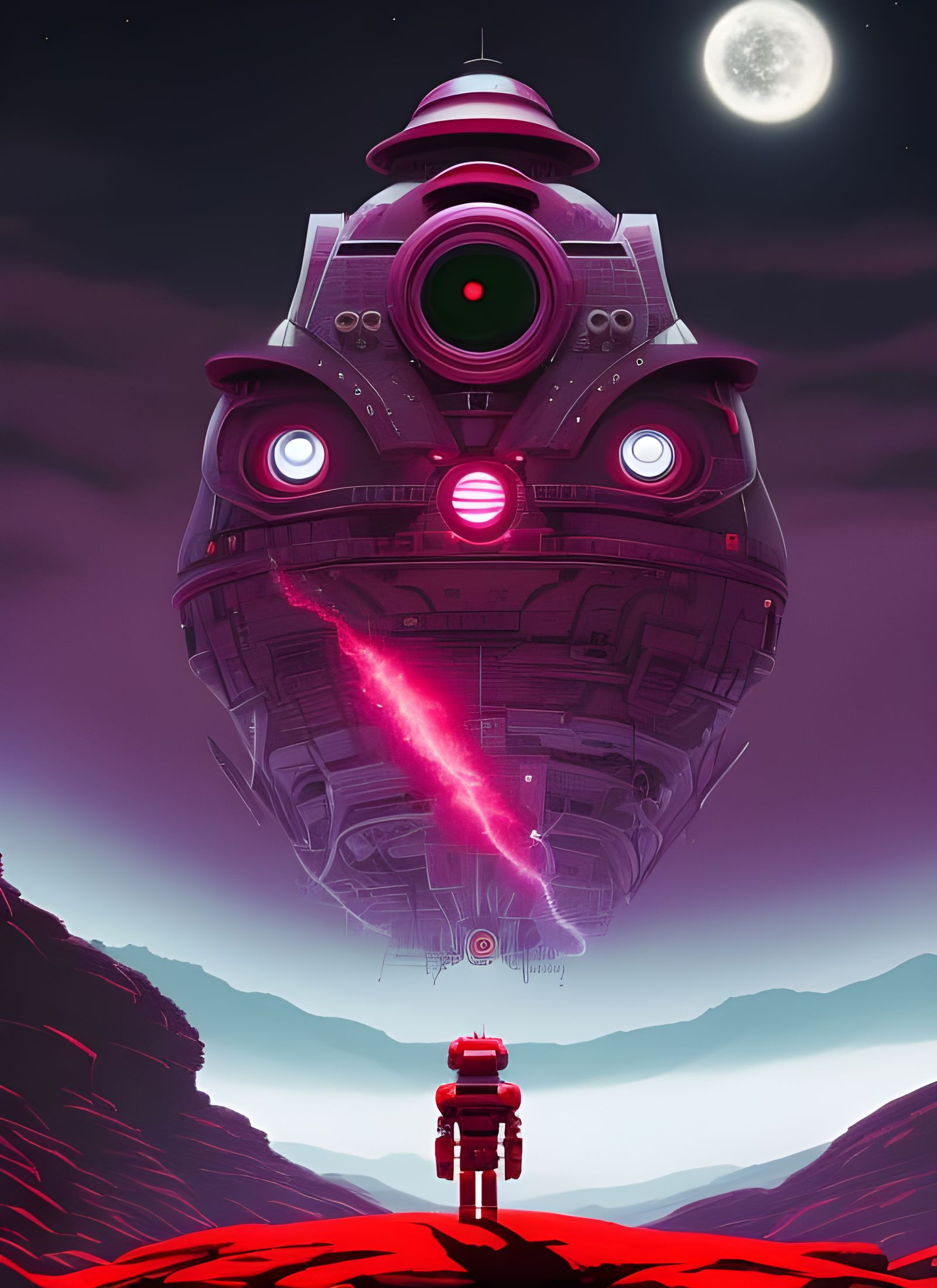 Purple Robot with Red Eyes in Sci-Fi Style