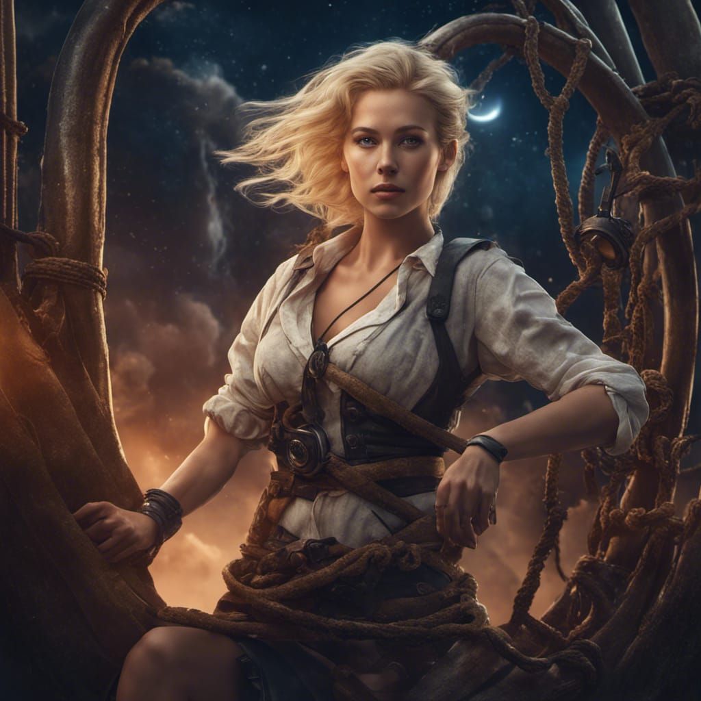 Fantasy Archeologist on Sailing Ship Through Vortex Portal