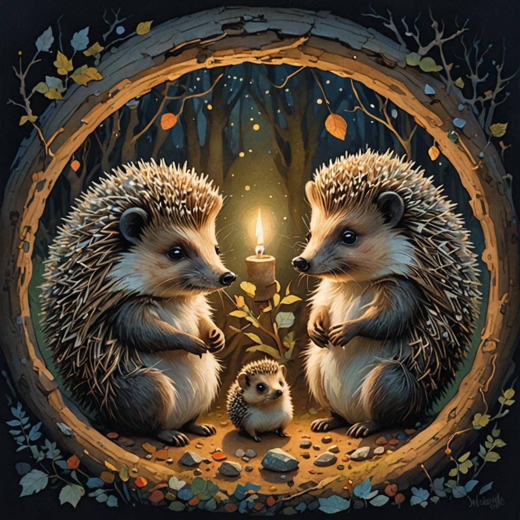 Hedgehogs in Burrow: Pastel Illustration