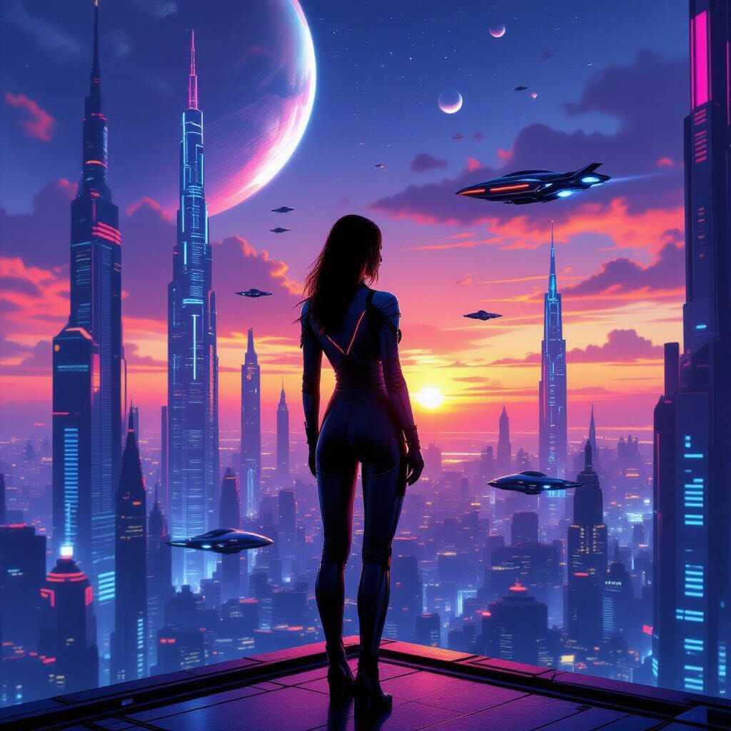 Woman Overlooking Futuristic Cityscape at Sunset