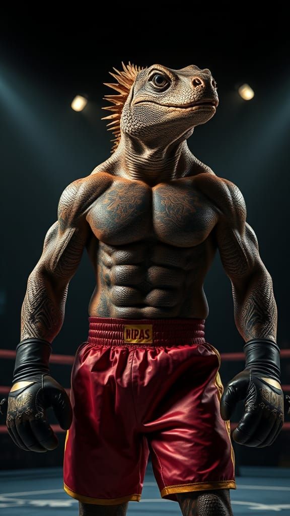 Komodo Dragon Boxer in a Dimly Lit Arena