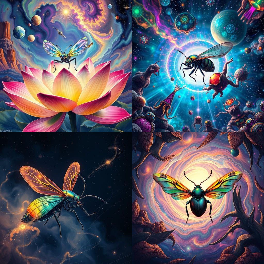 Cosmic Weevil Odyssey in Vibrant Holographic Style