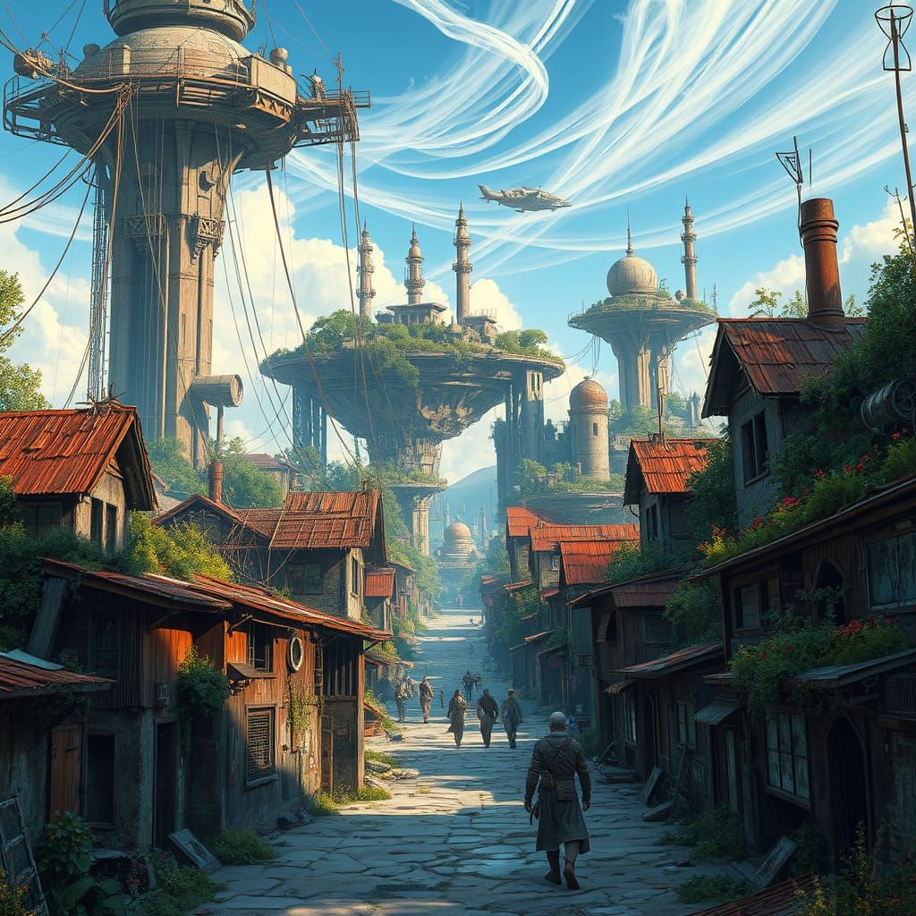 Futuristic Ruins with Nature-Overgrown Cityscape in a Dystop...