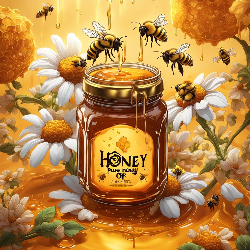 Honey Logo with Bees, Flowers and Dripping Honeycomb