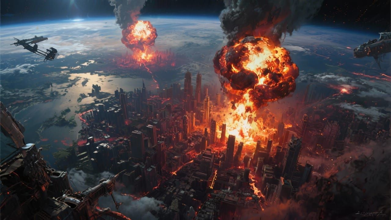 Apocalyptic Earth Under Nuclear Attack from Orbit