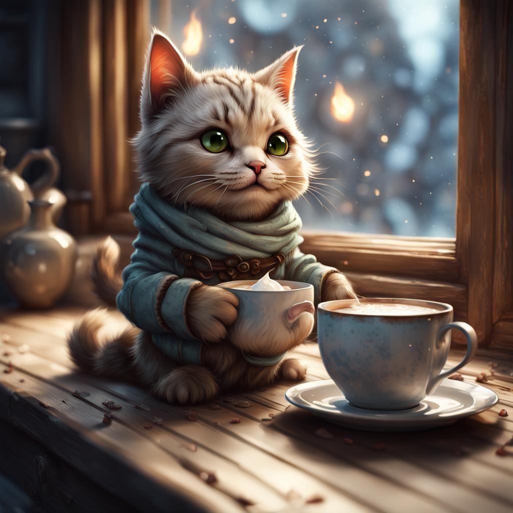 Cozy Tabby Cat with Hot Chocolate: Fantasycore Artwork