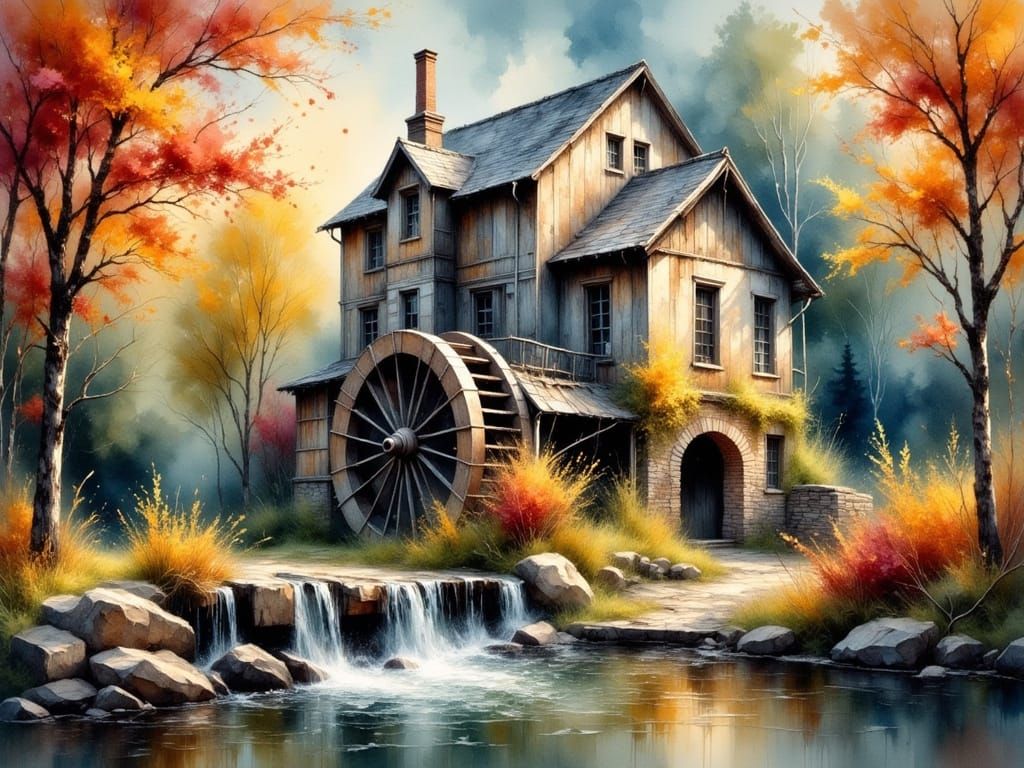 Medieval Mill Under Autumn Night Sky