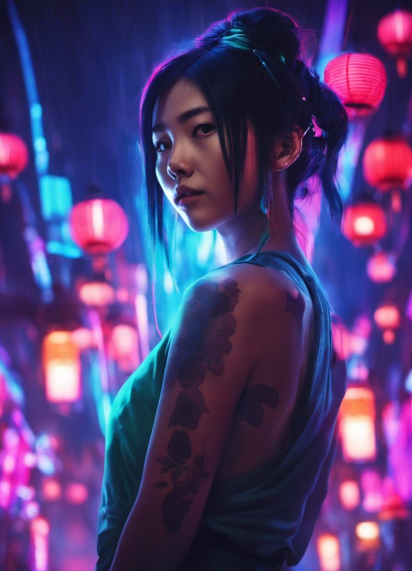 Edgy Asian Girl in Cyberpunk Bioluminescent Scene