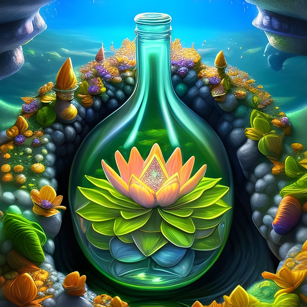 Glowing Lotus in Crystal Bottle: Hyperdetailed Fantasy Art