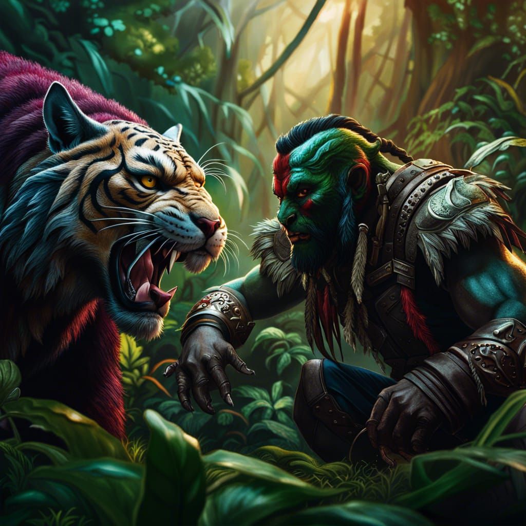 Orc and Puma in Jungle: Hyperrealistic Cinematic Art