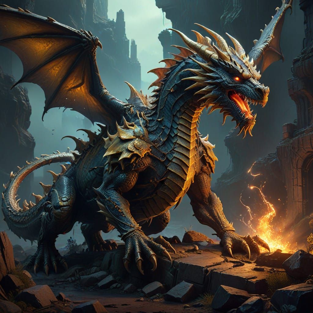 Monumental Gold Dragon in Combat, Dark Academia Oil Painting...