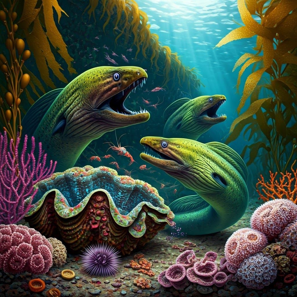 Vibrant Green Moray Eels in Kelp Forest