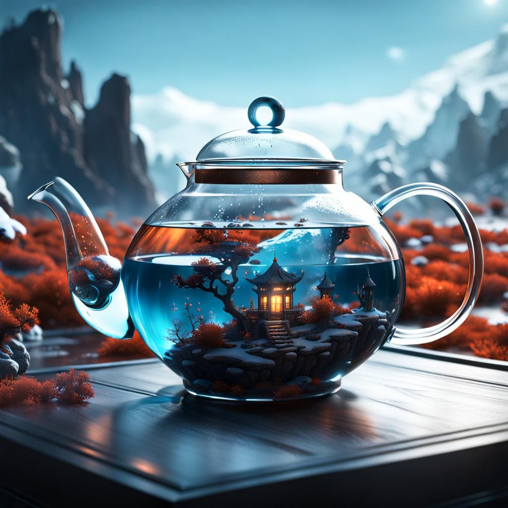 Tundra in Glass Teapot: Hyperreal Detailed Matte Painting