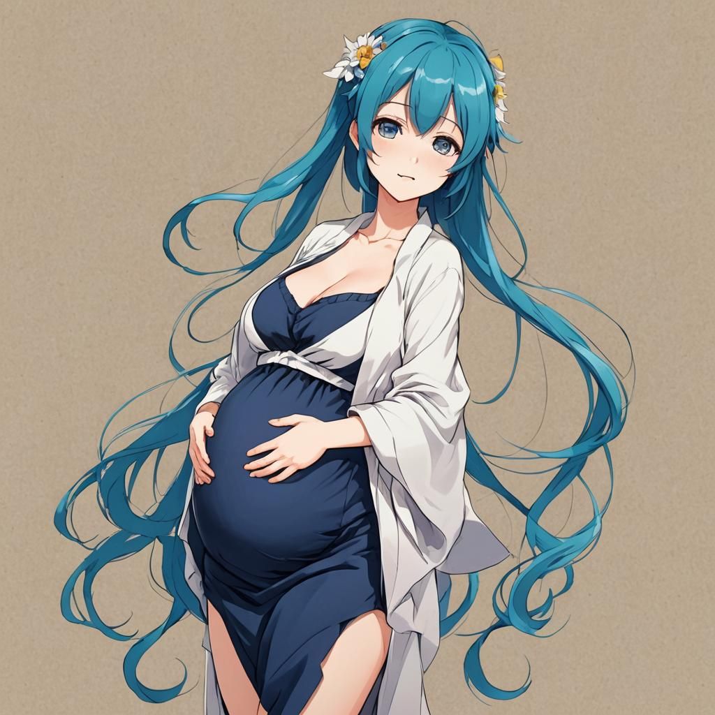 Anime Style Pregnant Woman with Blue Hair