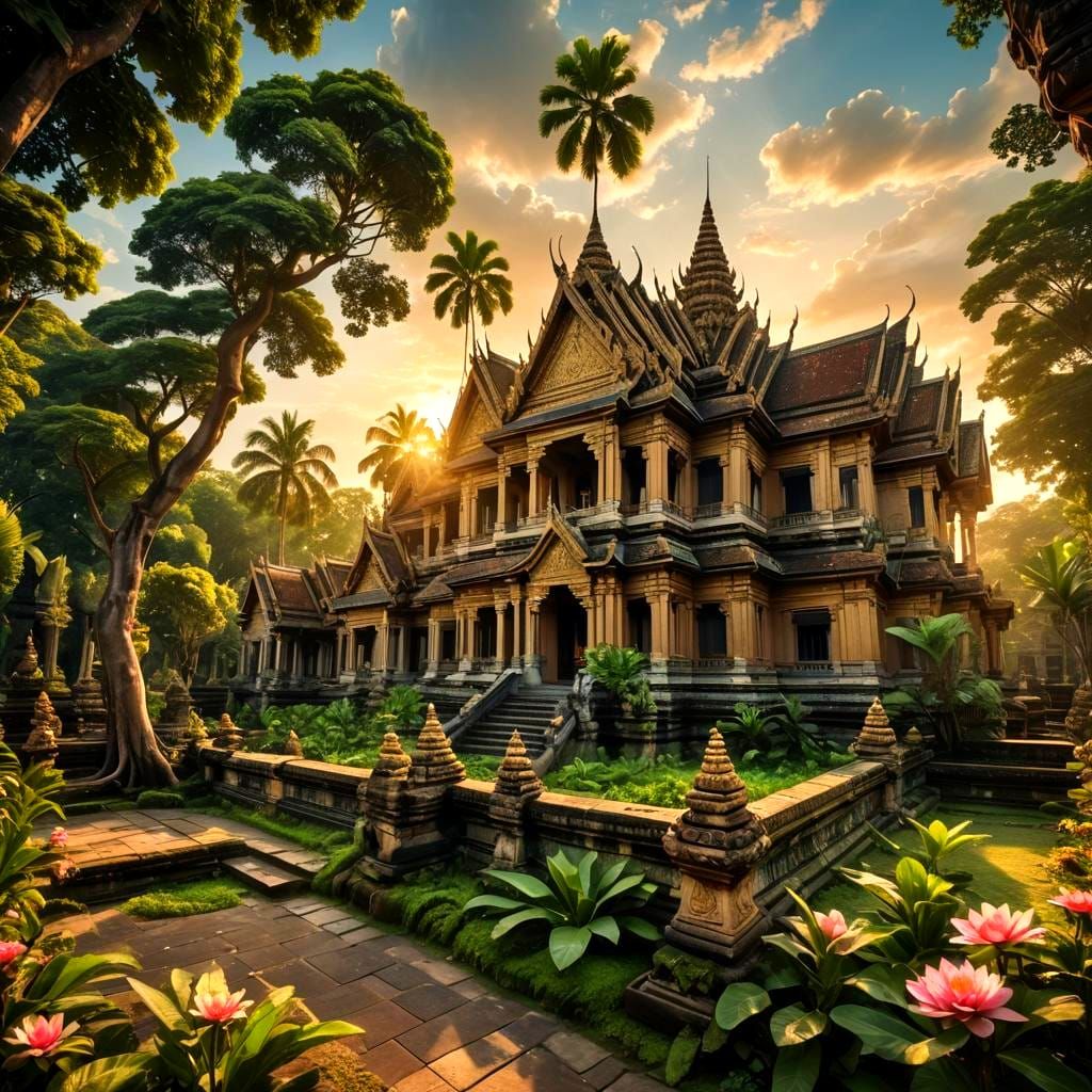 Traditional Khmer Palace in Golden Light