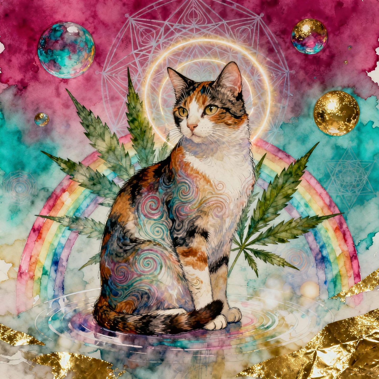 Psychedelic Calico Cat with Rainbows and Magic Leaves