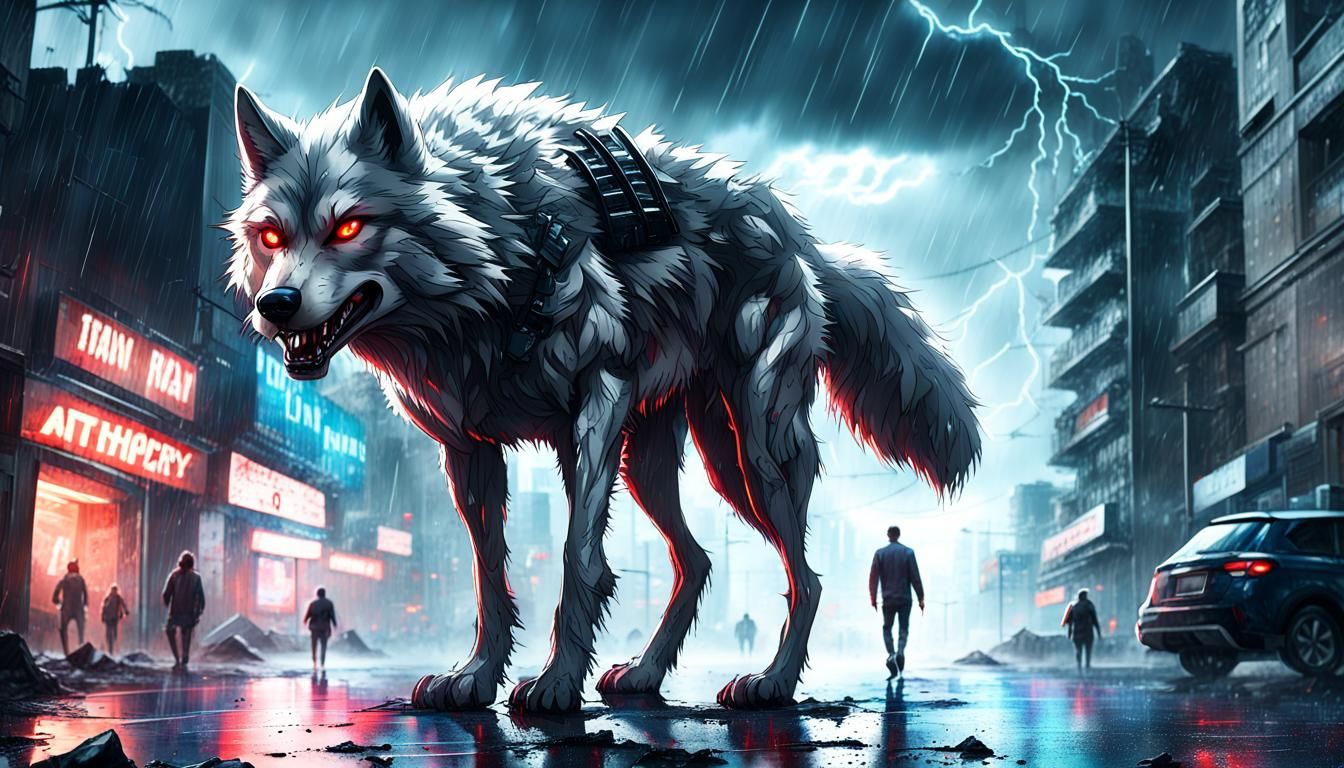 Sci-Fi Wolf in Ruined Cityscape