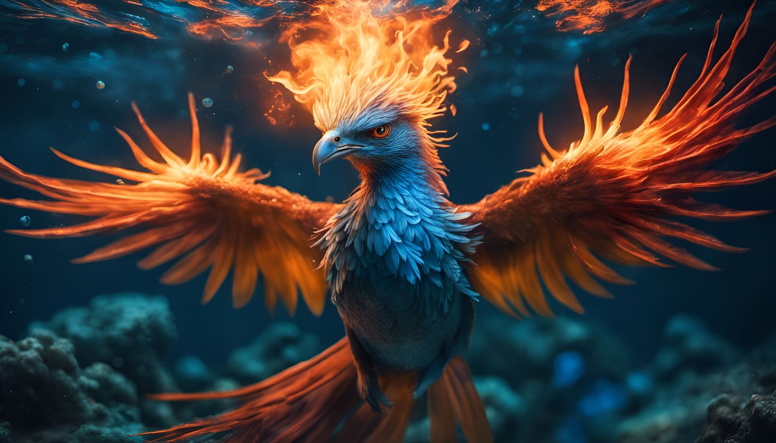 Underwater Phoenix with Bioluminescent Flames