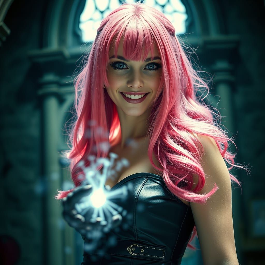 Pink Haired Enchantress in Gothic Castle, Alcohol Ink Style