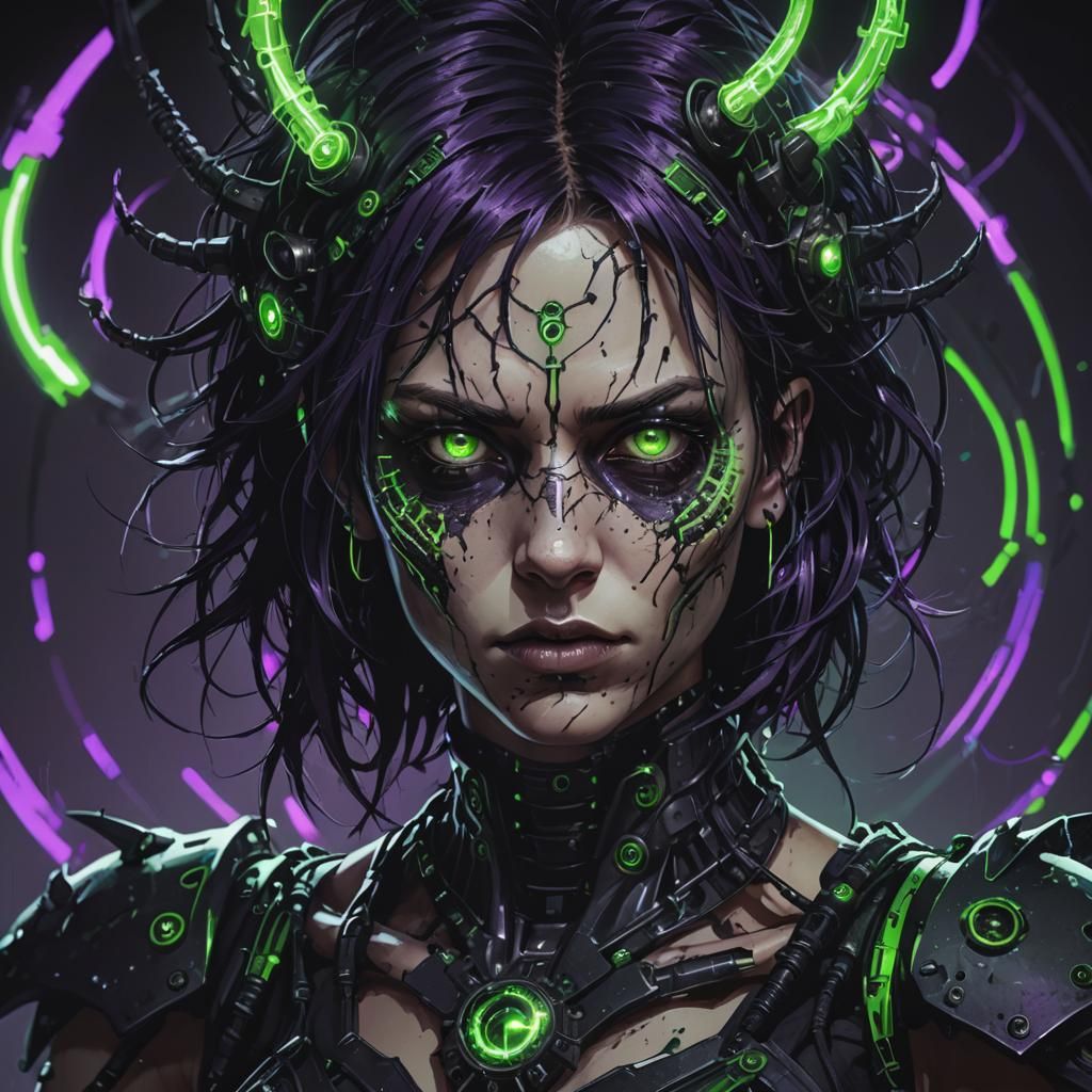 Cyber-Gothic Figure with Scarred Face and Neon Accents