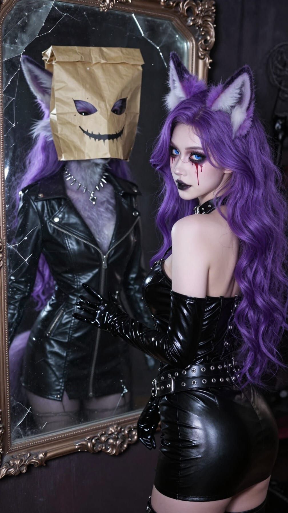 Gothic Woman With Purple Hair and Fox Reflection