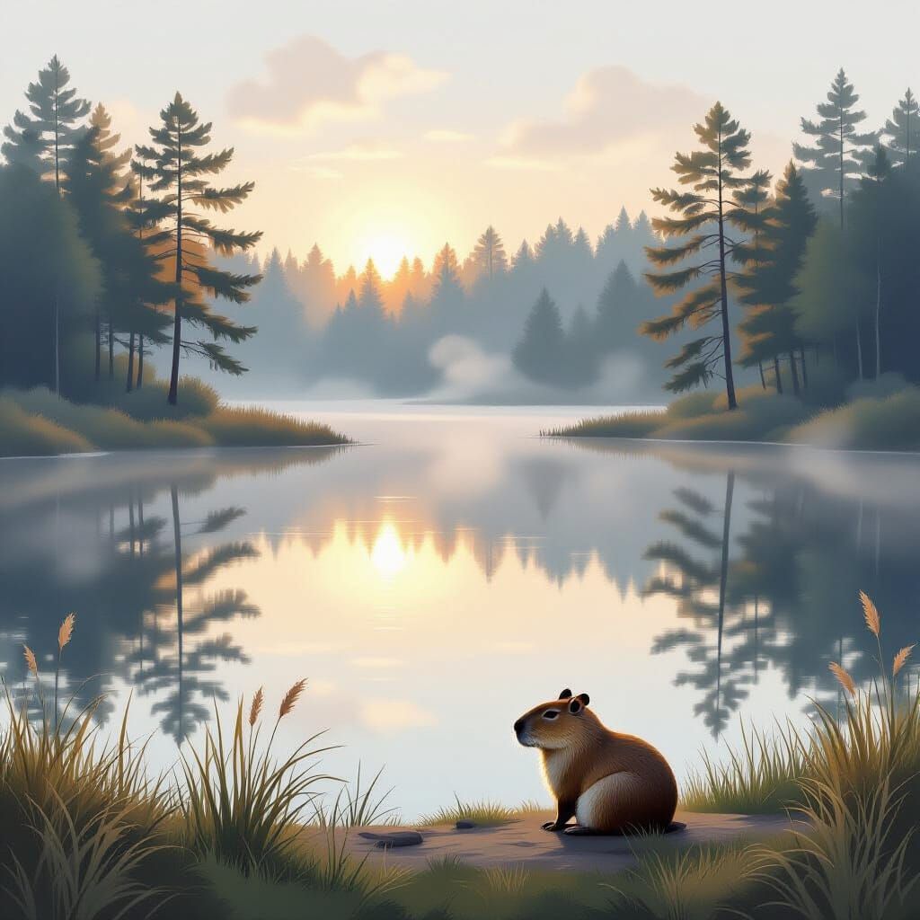 Tranquil Paraná Pine Forest Lake at Dawn with Capybara