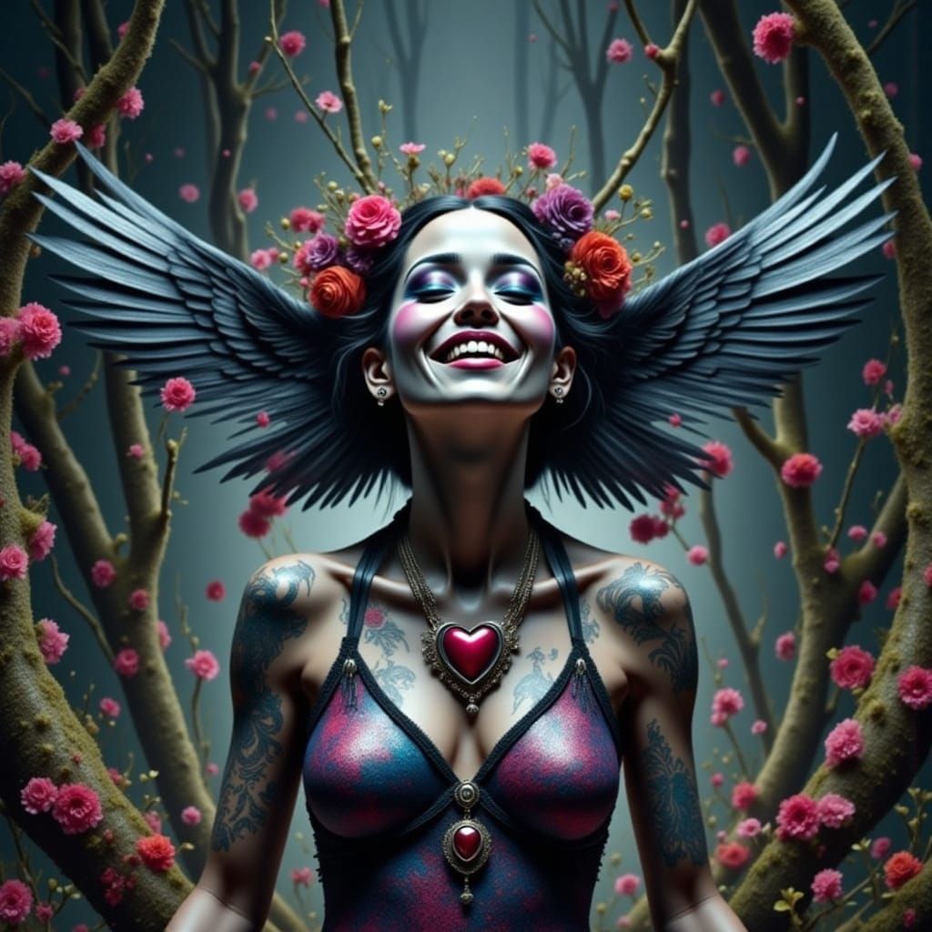 Ghost Fairy Queen with Crow Wings in Dark Forest