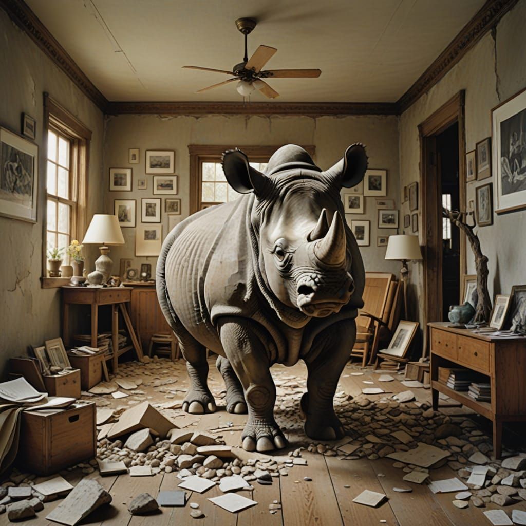 Hyper-Realistic Rhinoceros Emerges from Layered Collage
