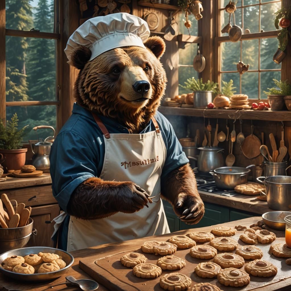 Bear Chef Baking Cookies in Forest Kitchen
