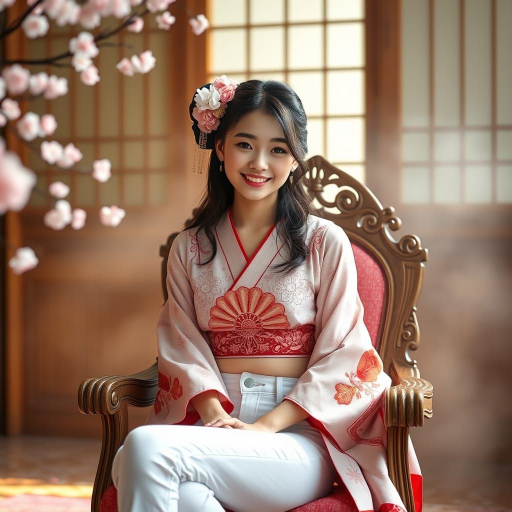 Cute Geisha in Modern Outfit with Cherry Blossoms