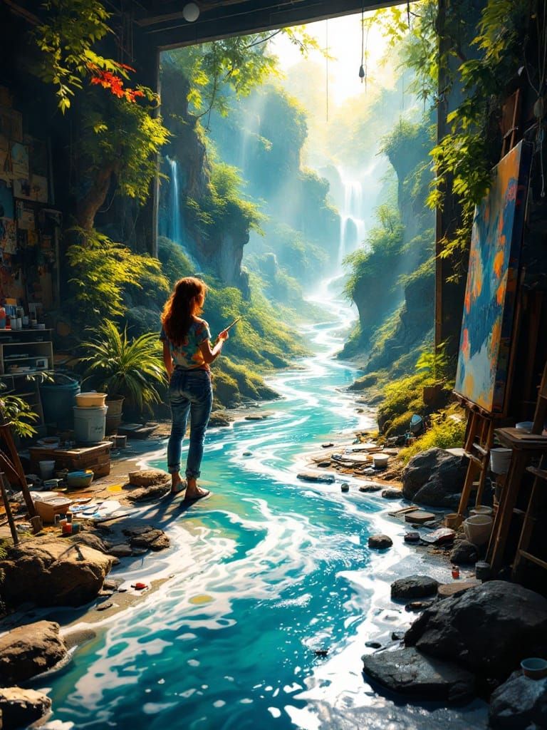 Woman Artist Lost in Creative Expression Painting a Breathta...