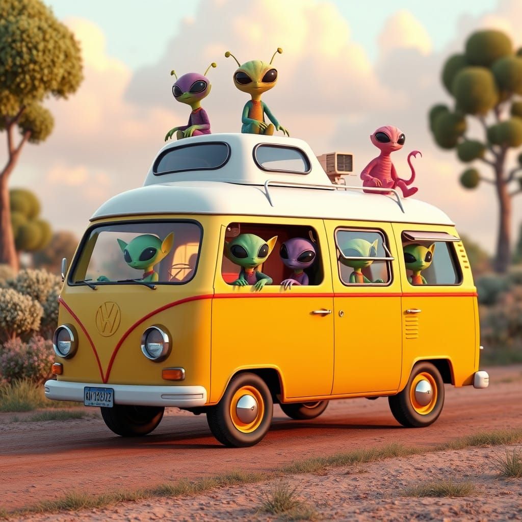 Quirky Cartoon Van Embarks on a Wild Adventure