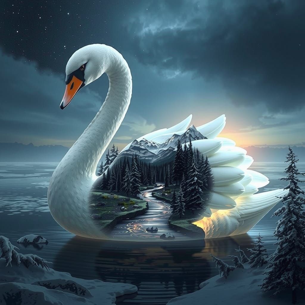Futuristic Snowy Swan in Cyberpunk Landscape