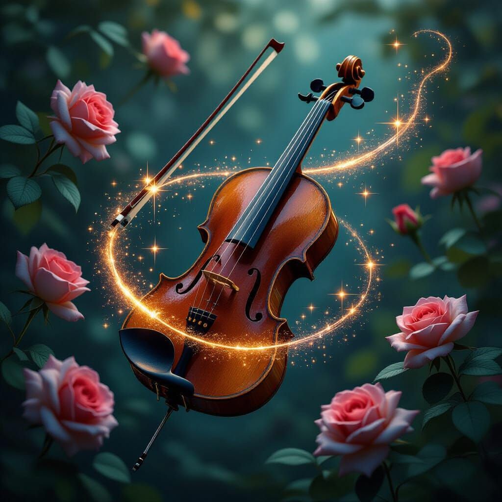 Magical Violin Plays Melody Amidst Roses in Surreal Style