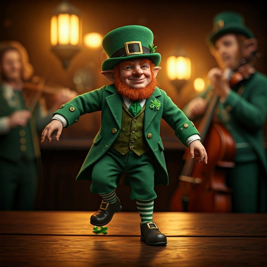 Vibrant Leprechaun Dances on Irish Pub Table in Whimsical St...